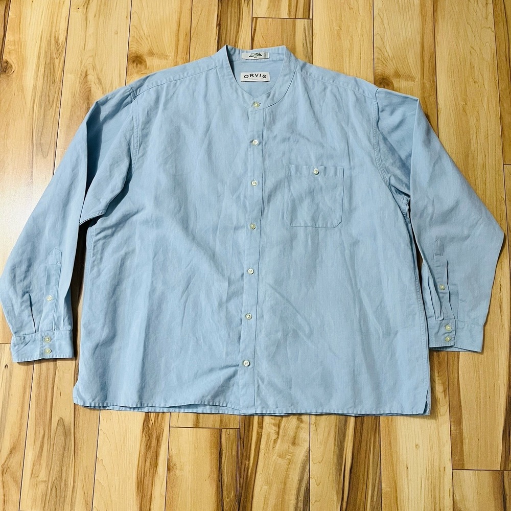 Orvis Mens Sz XL Lt Blue Linen Blend Lightweight Mandarin Banded Neck Button Up
